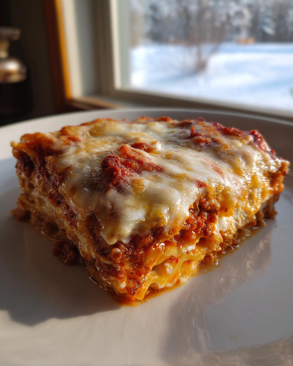 A close-up of a square slice of cheesy lasagna pasta bake with rich tomato sauce, served on a white plate near a window.