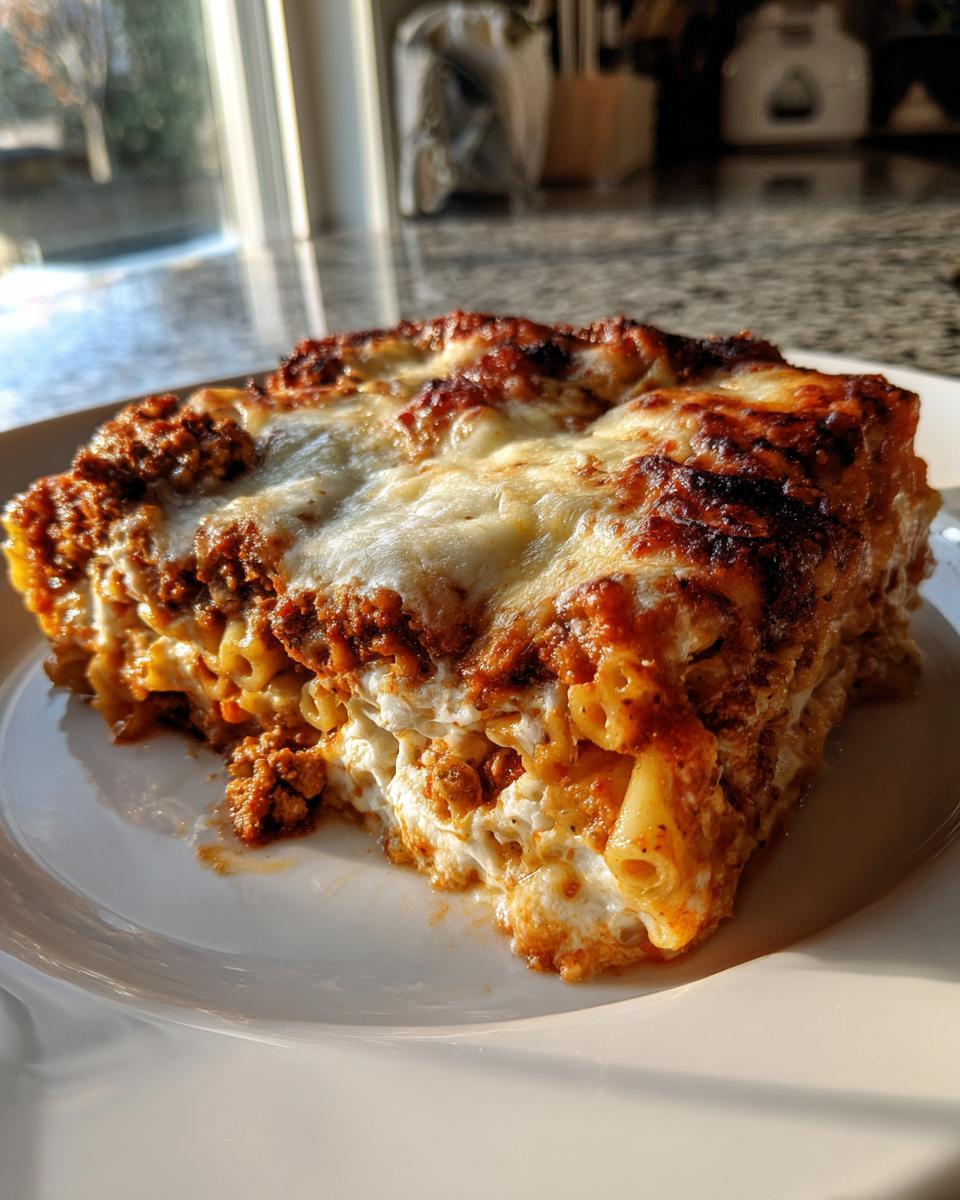 A generous slice of baked ziti pasta bake with rich meat sauce and melted cheese topping.