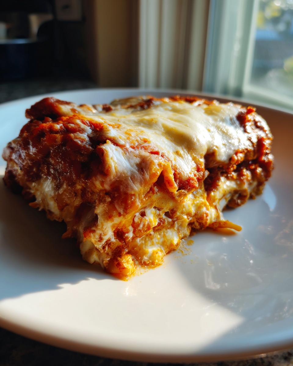 A close-up, sunlit slice of a rich, layered pasta bake covered in melted mozzarella cheese.