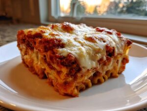 A thick, square slice of rich, cheesy pasta bake served on a white plate, featuring layers of sauce and melted mozzarella.