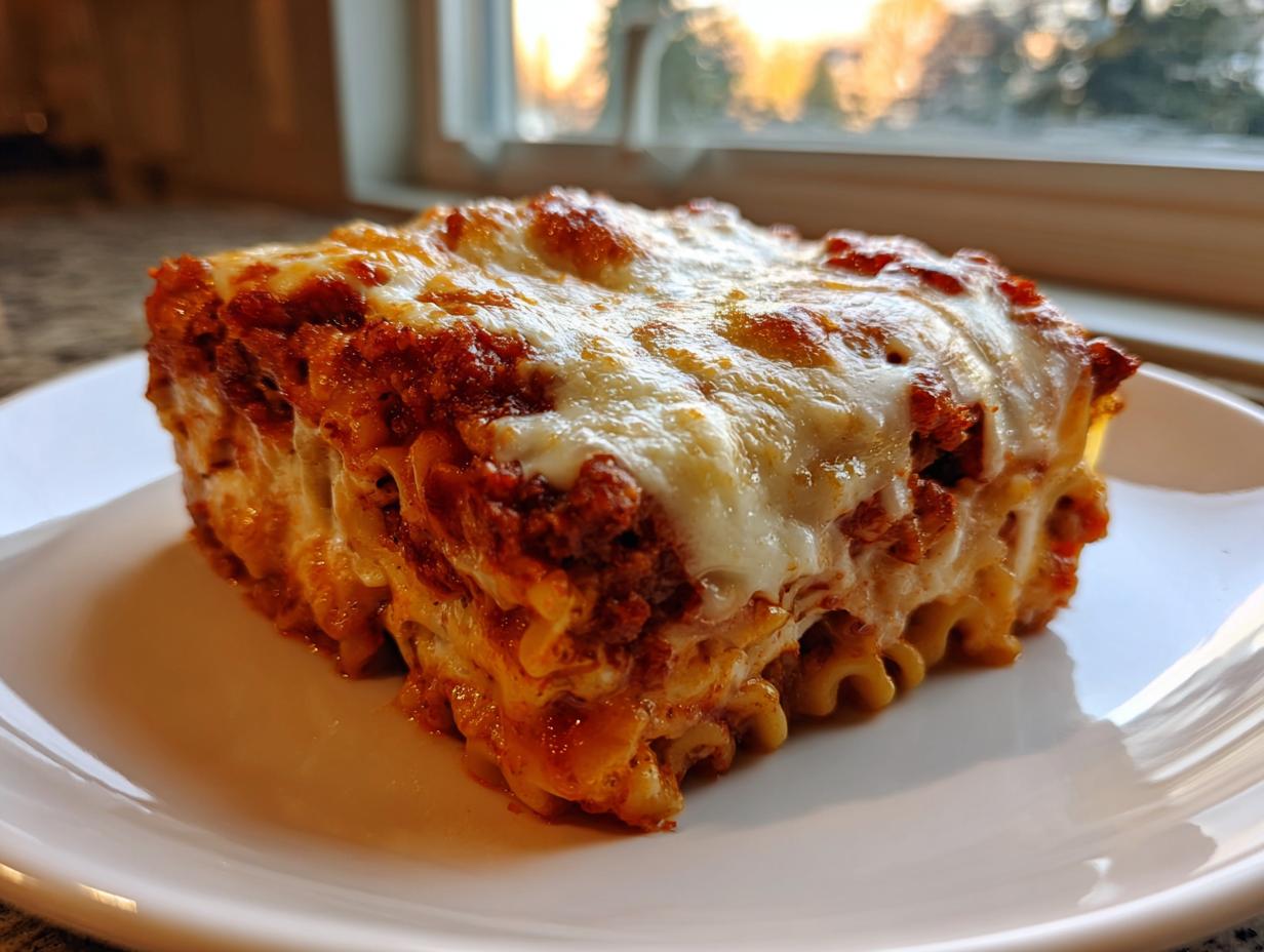 A thick, square slice of rich, cheesy pasta bake served on a white plate, featuring layers of sauce and melted mozzarella.