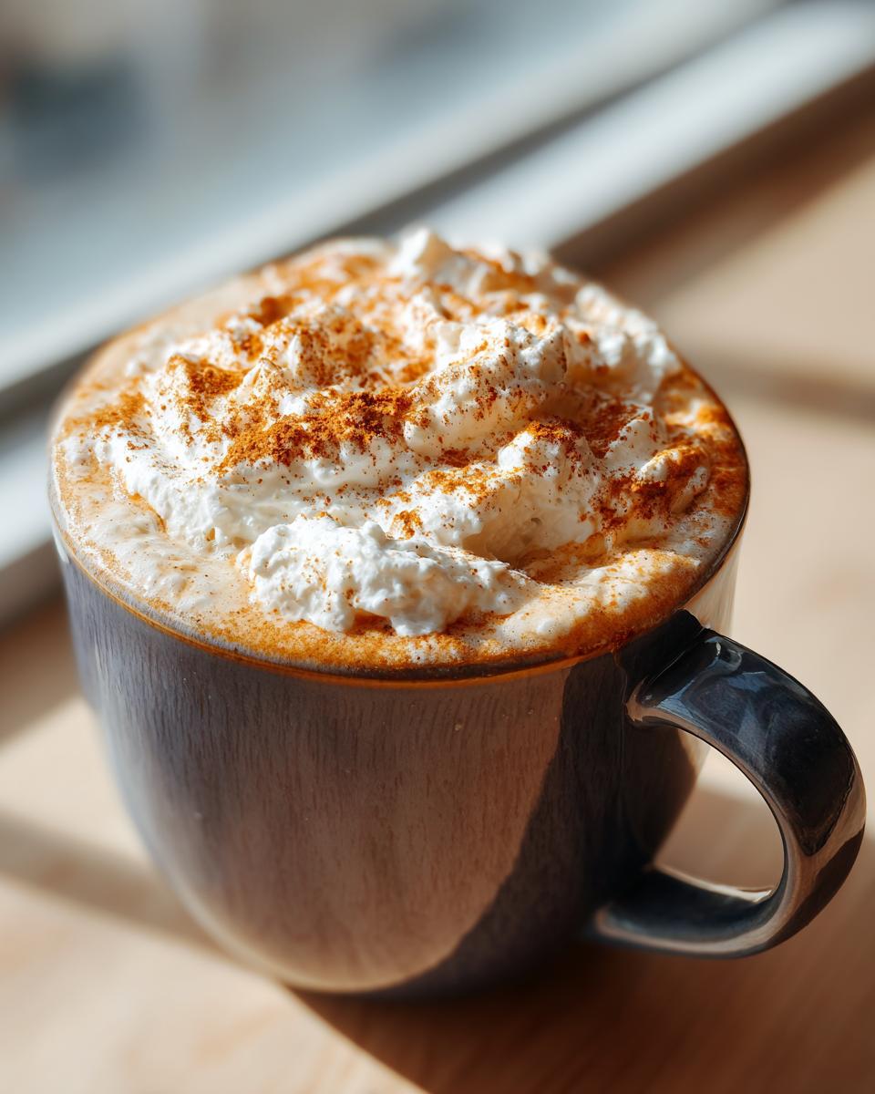 Close-up of a delicious pumpkin spice latte topped with whipped cream and cinnamon dusting.