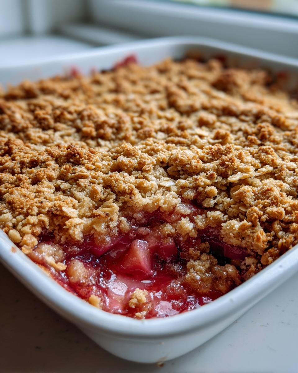 Close-up of a freshly baked rhubarb crisp in a white baking dish, showing the bubbling red fruit filling beneath a golden, crumbly oat topping.