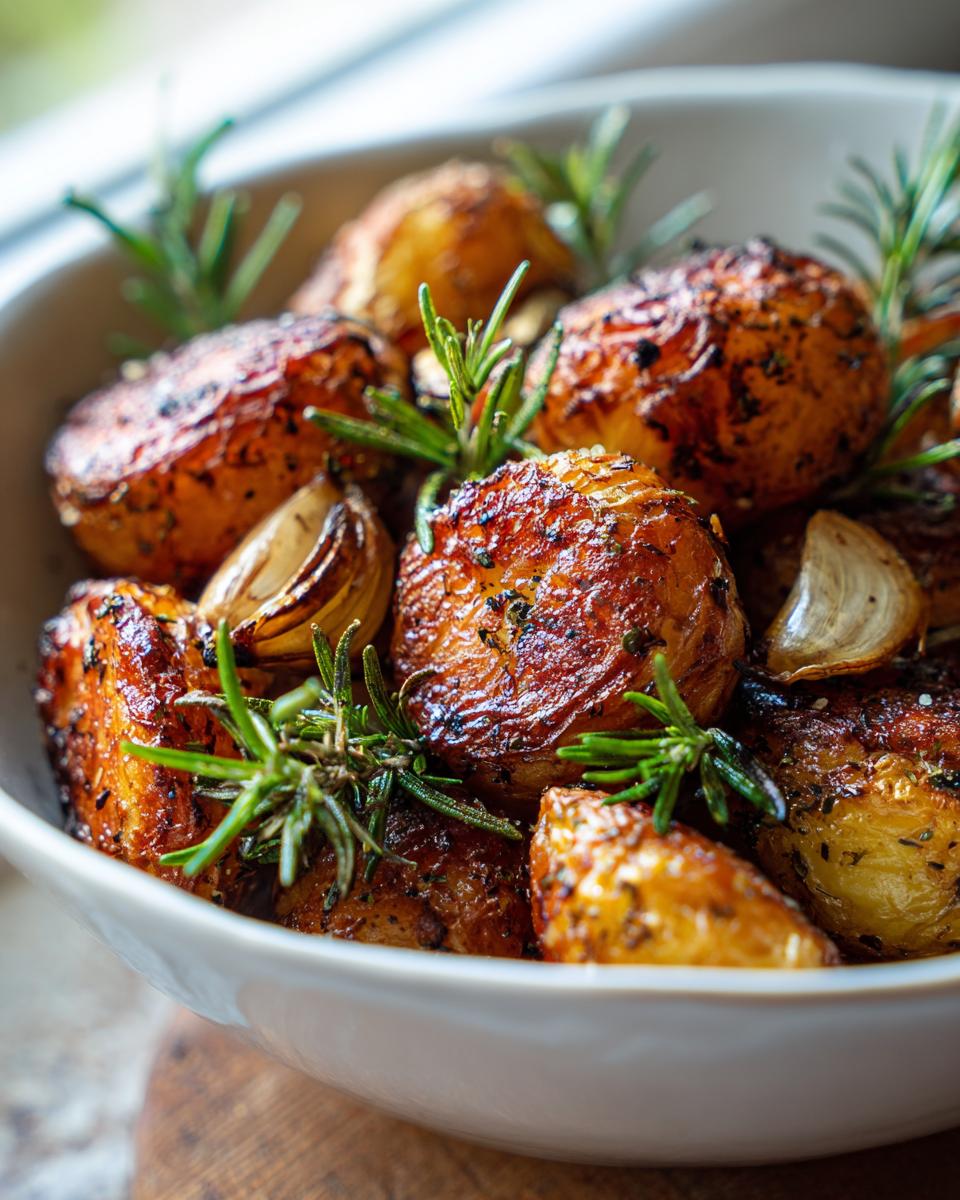 Close-up of golden brown, crispy roast potatoes seasoned with herbs and garnished with fresh rosemary sprigs and roasted garlic cloves.