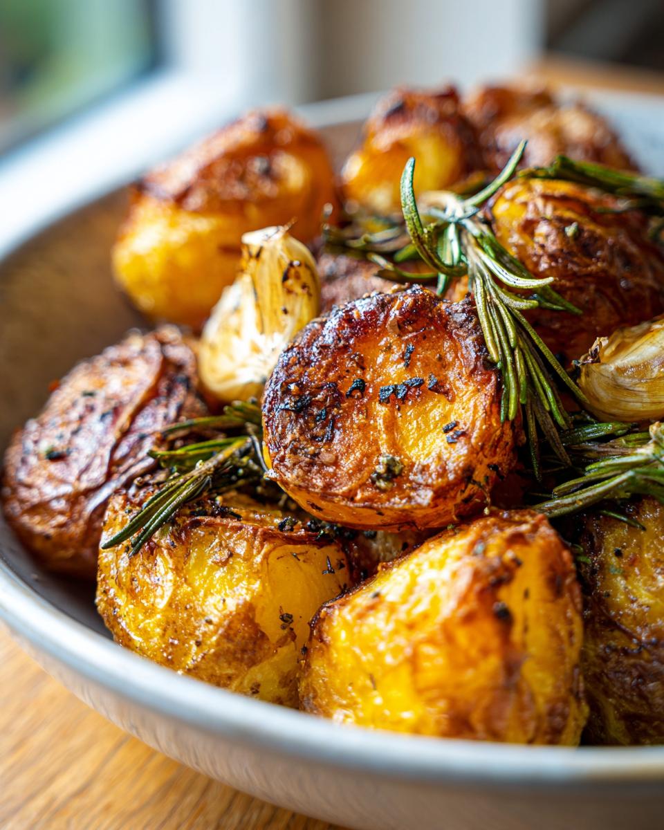 Close-up of golden brown, crispy roast potatoes seasoned with fresh rosemary sprigs and roasted garlic cloves.