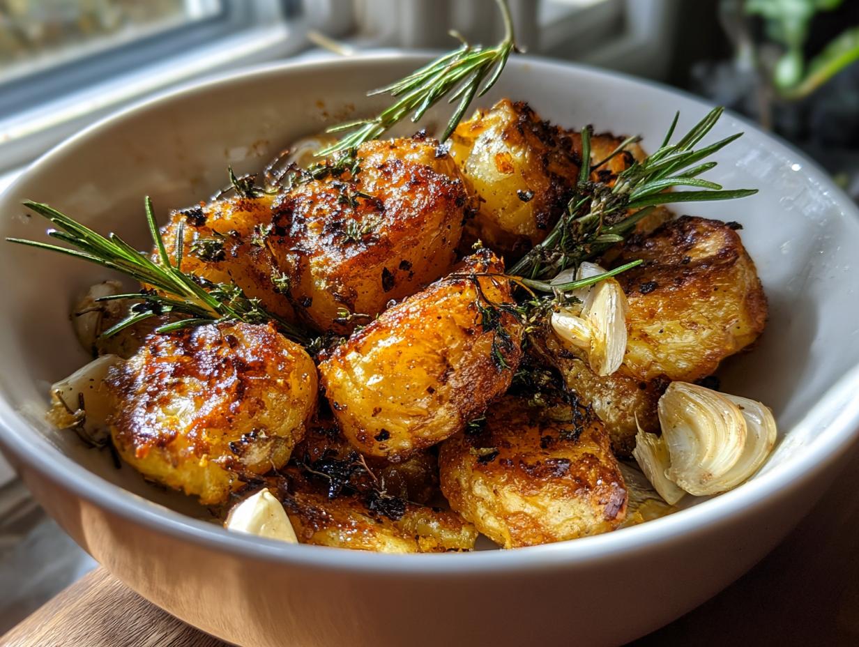 Close-up of golden brown, crispy roast potatoes seasoned with rosemary and garlic cloves in a white serving bowl.