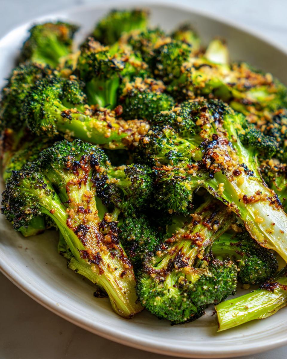 Close-up of vibrant green smashed broccoli florets roasted until slightly charred and topped with a seasoned, crispy coating.