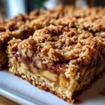 A close-up view of a square slice of apple baked oatmeal with a thick, crunchy cinnamon crumble topping.