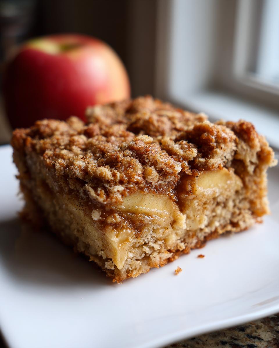 Close-up of a square slice of apple baked oatmeal with a cinnamon crumb topping on a white plate.