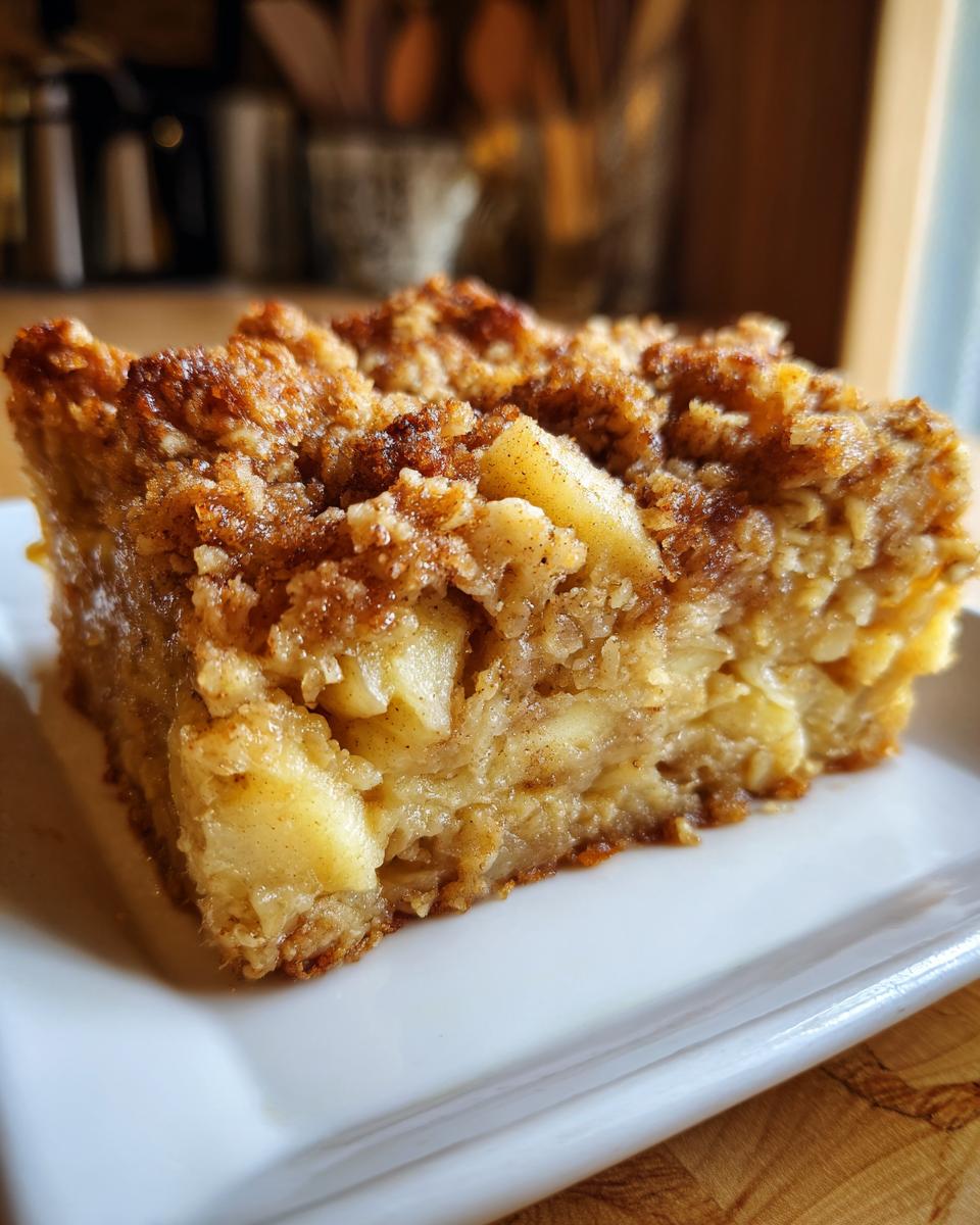 Close-up of a square slice of apple baked oatmeal with a golden brown, spiced crumb topping.