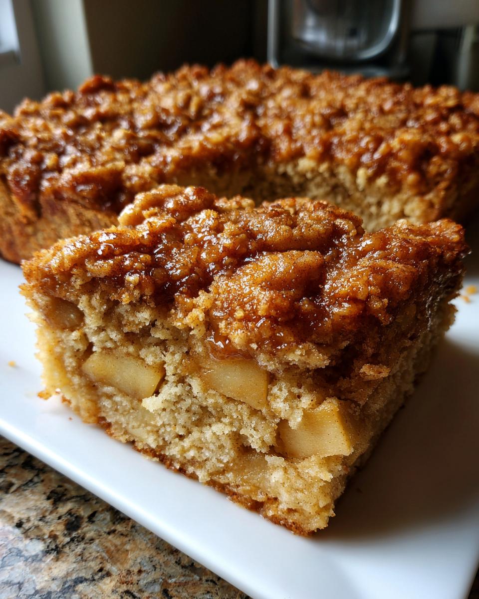 Close-up of a square slice of apple baked oatmeal with a gooey, brown sugar crumb topping.