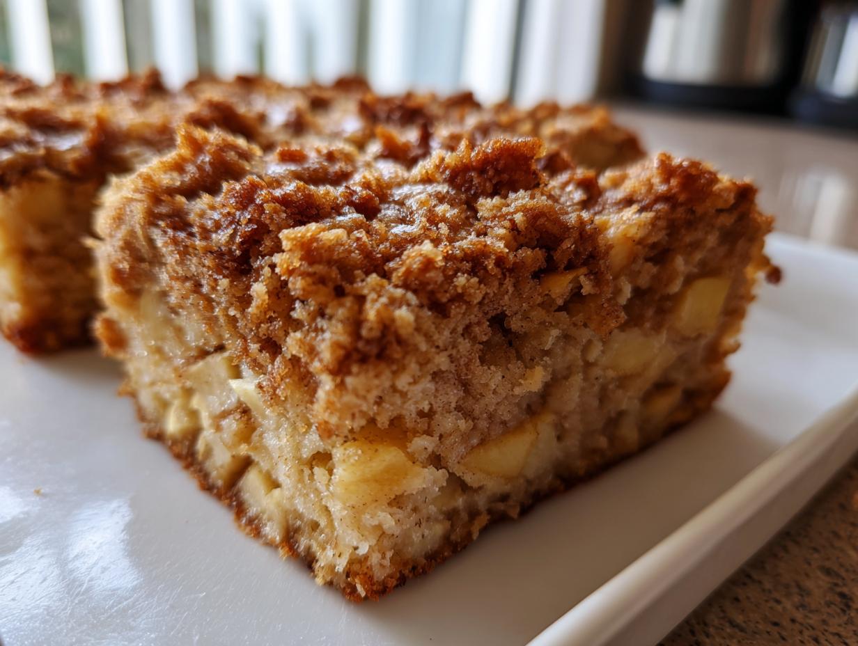 Close-up of a square slice of apple baked oatmeal featuring chunks of apple and a cinnamon streusel topping.