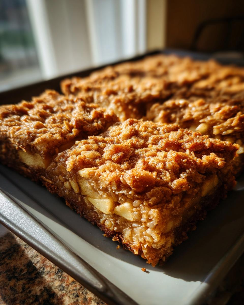 A close-up shot of squares of apple baked oatmeal with a thick, brown sugar crumble topping.