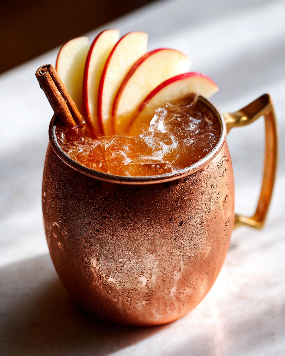 A frosty copper mug filled with an apple cider moscow mule, garnished with apple slices and a cinnamon stick.