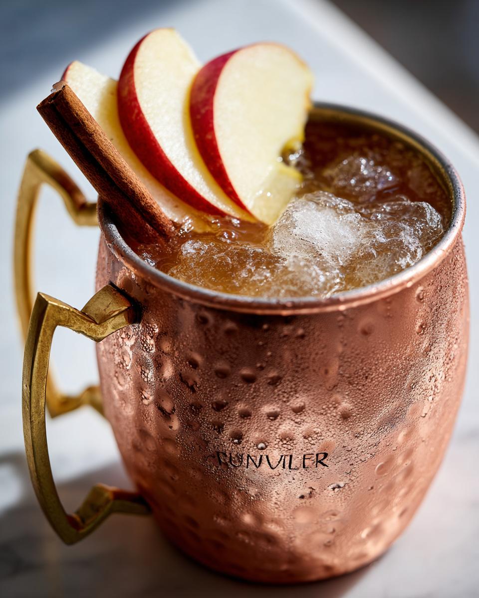 Close-up of a frosty apple cider moscow mule garnished with apple slices and a cinnamon stick in a copper mug.