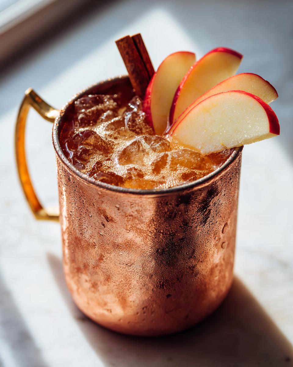A frosty copper mug filled with an apple cider Moscow mule, garnished with apple slices and a cinnamon stick.