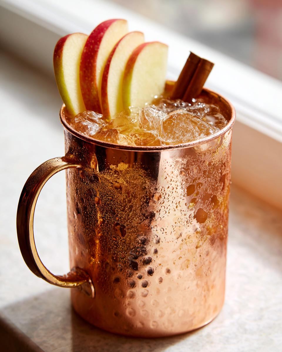 A frosty copper mug filled with an apple cider moscow mule, garnished with apple slices and a cinnamon stick.
