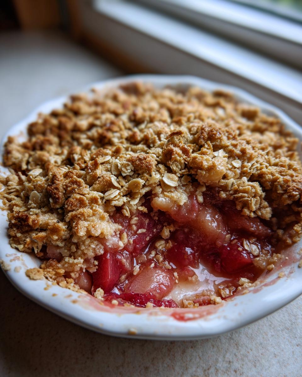 A close-up view of a serving of warm rhubarb crisp showing the bubbling red fruit filling beneath a golden, crumbly oat topping.