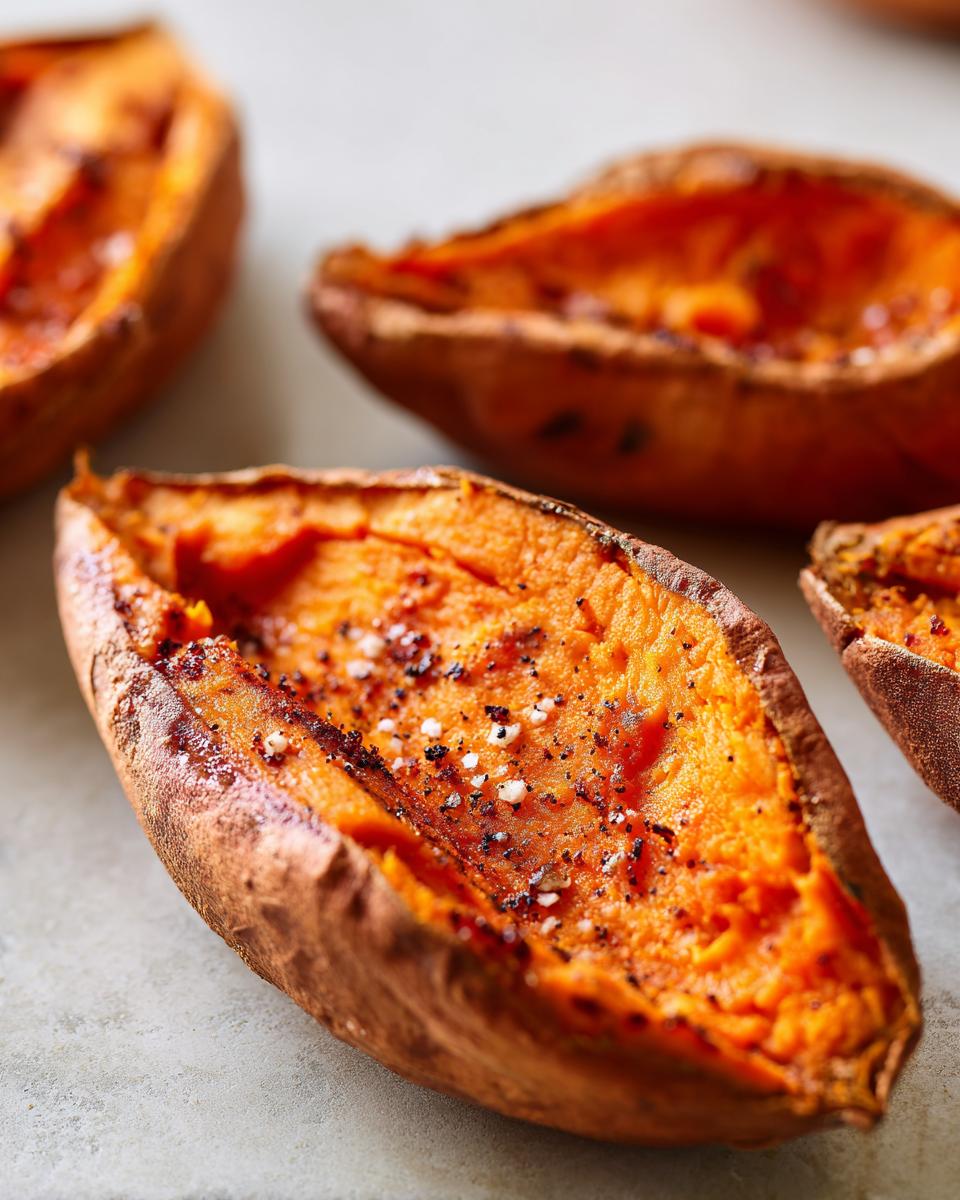 Close-up of a halved baked sweet potato, showing the bright orange flesh seasoned with coarse salt and pepper.