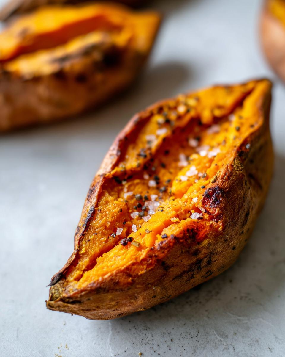 Close-up of a perfectly baked sweet potato, split open and topped with coarse sea salt and pepper.