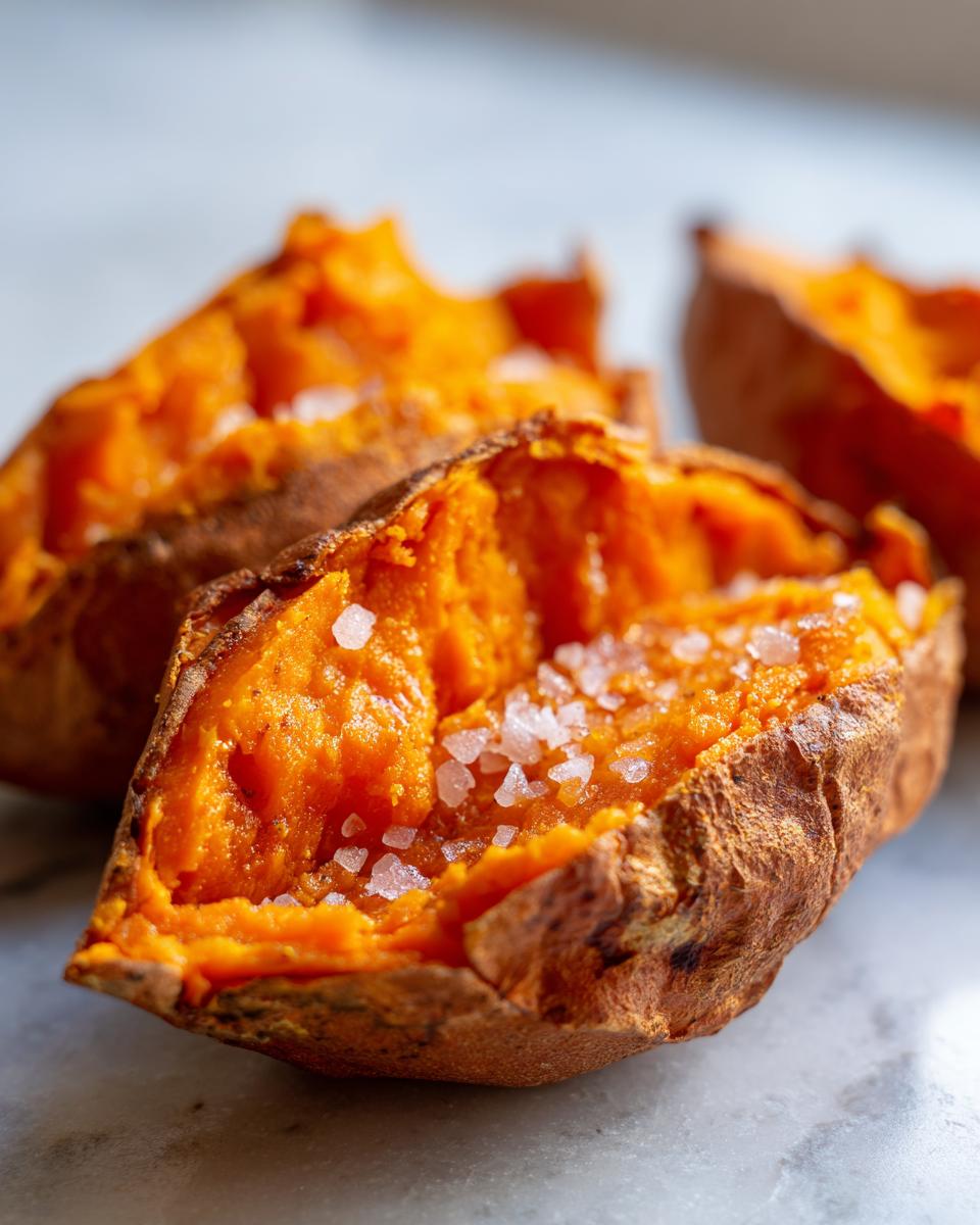 Close-up of a perfectly baked sweet potato, split open and topped with flaky sea salt.