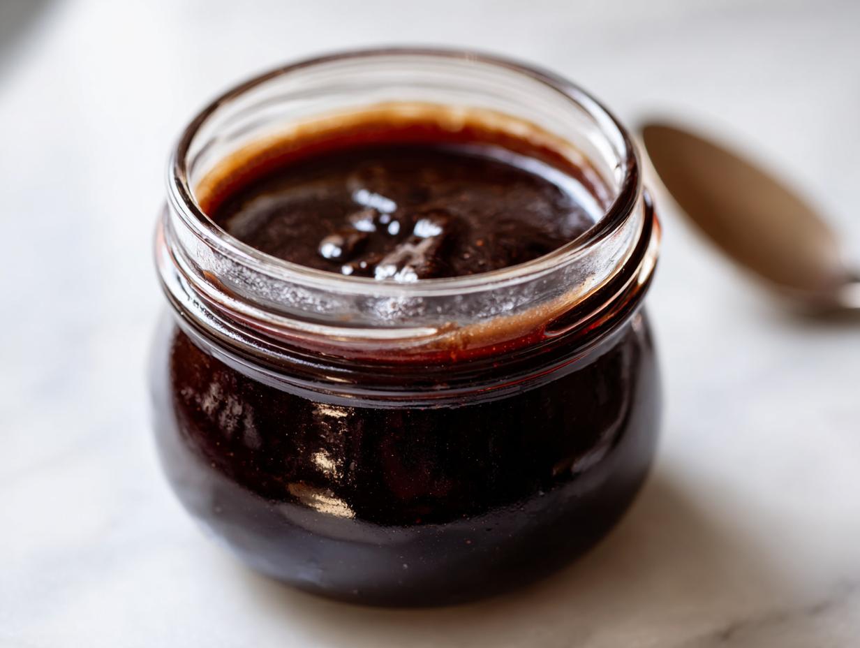 Close-up of rich, dark homemade chocolate syrup filling a small glass jar.
