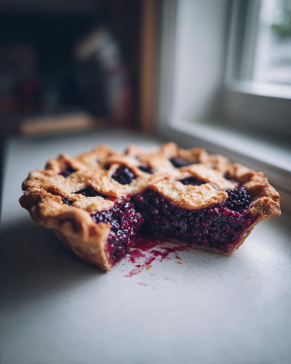 A close-up of a freshly baked blackberry pie with a slice removed, showing the juicy filling and flaky lattice crust.