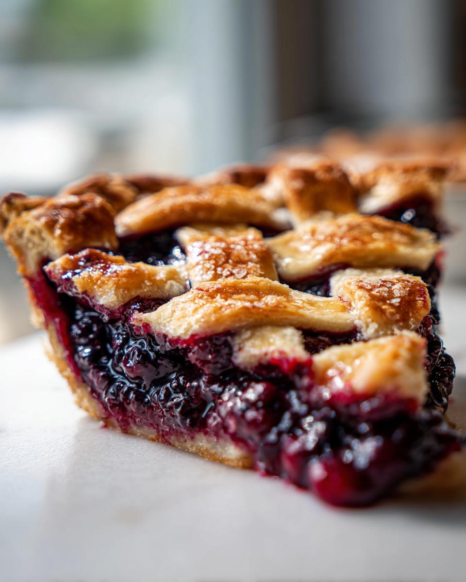Close-up of a juicy slice of blackberry pie showing the dark fruit filling and golden, flaky lattice crust.