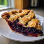 A close-up slice of rich blackberry pie showing a thick, juicy filling and a golden, flaky lattice crust.