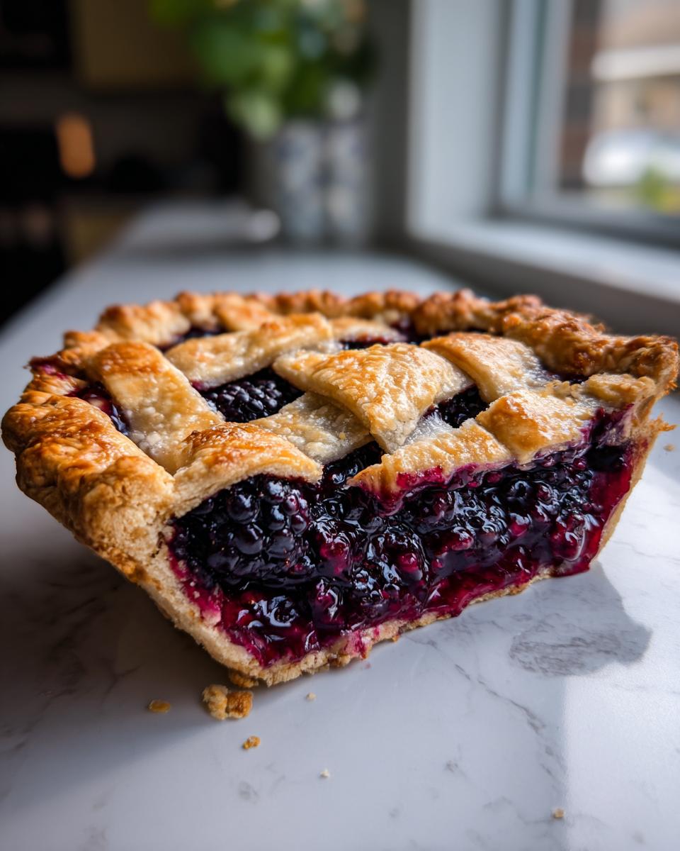 A close-up of a slice of blackberry pie showing juicy filling and a golden, flaky lattice crust.