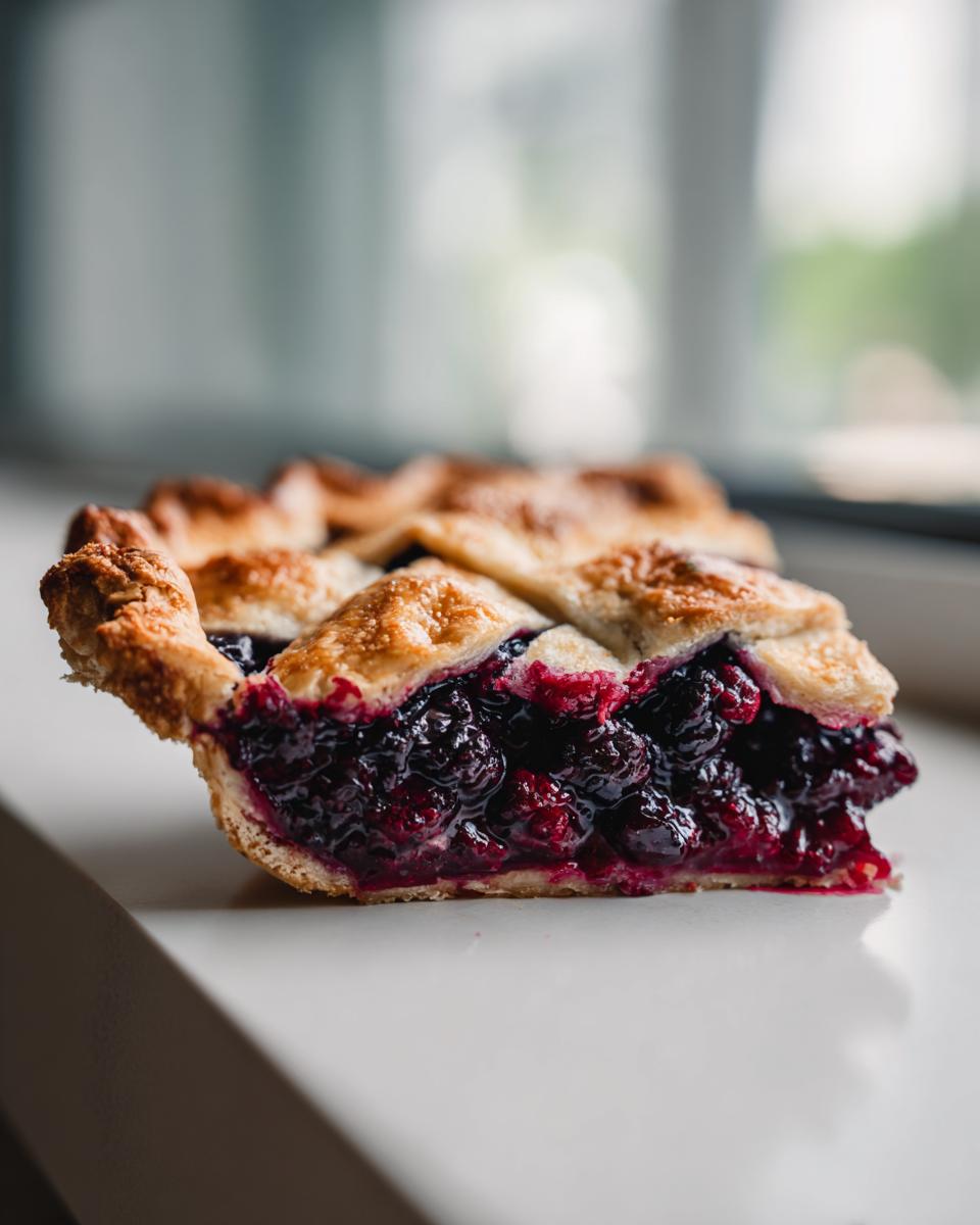 A close-up of a thick slice of blackberry pie showing juicy filling and a golden, flaky lattice crust.