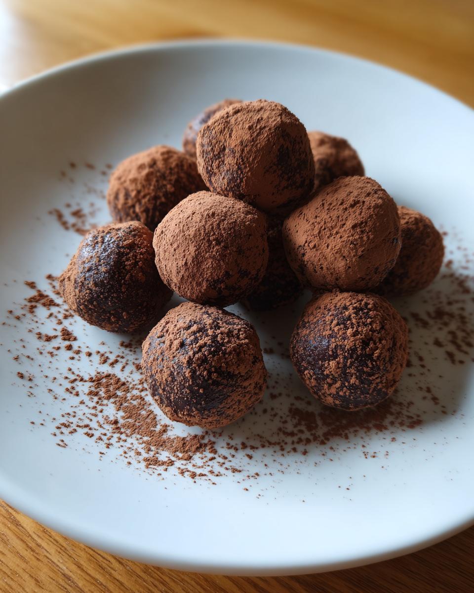 A pile of homemade bourbon balls heavily dusted with cocoa powder, sitting on a white plate.