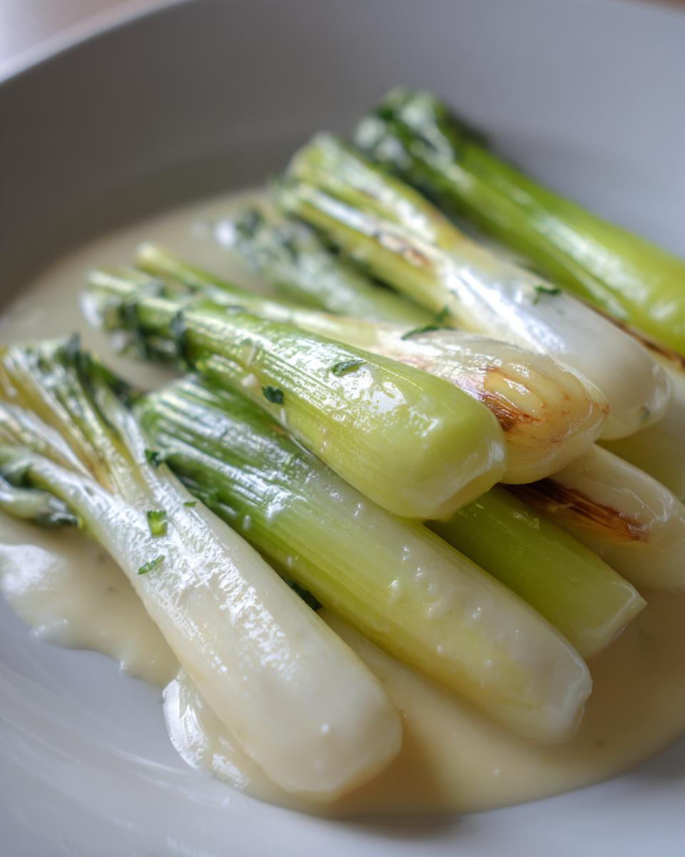A close-up of tender braised leeks served in a rich, creamy sauce on a white plate.