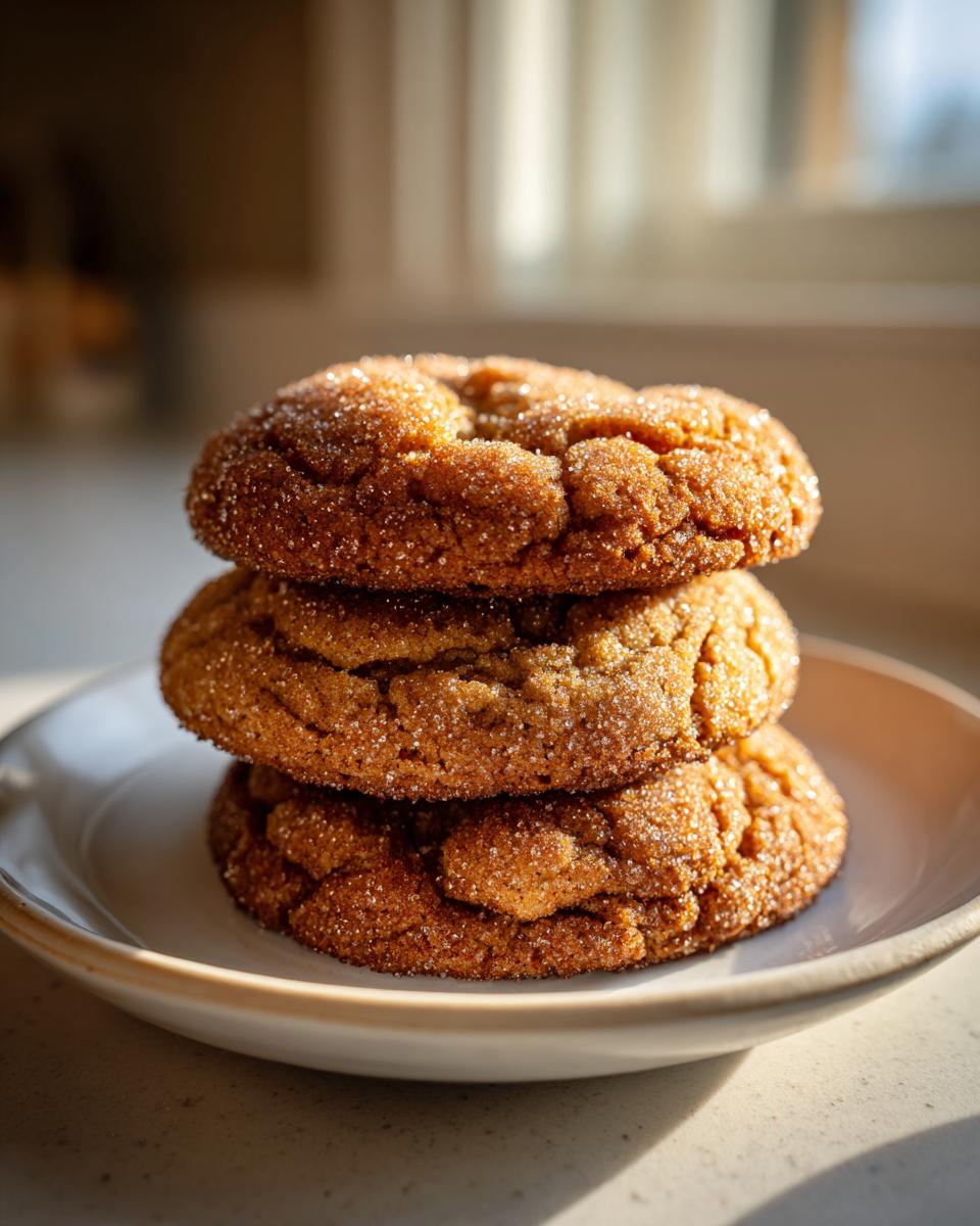 A stack of three chewy brown butter sugar cookies coated in sparkling sugar, sitting on a light plate.