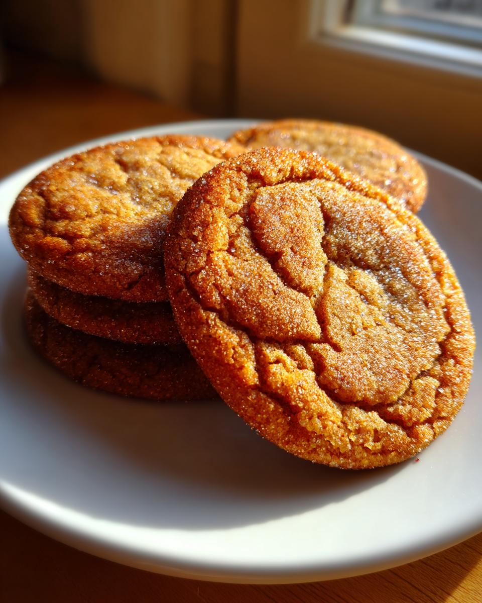 Close-up of a stack of rich, crinkled brown butter sugar cookies coated in sparkling sugar.