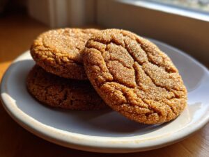Three rich brown butter sugar cookies stacked slightly on a light plate, featuring crackled tops coated in sparkling sugar.