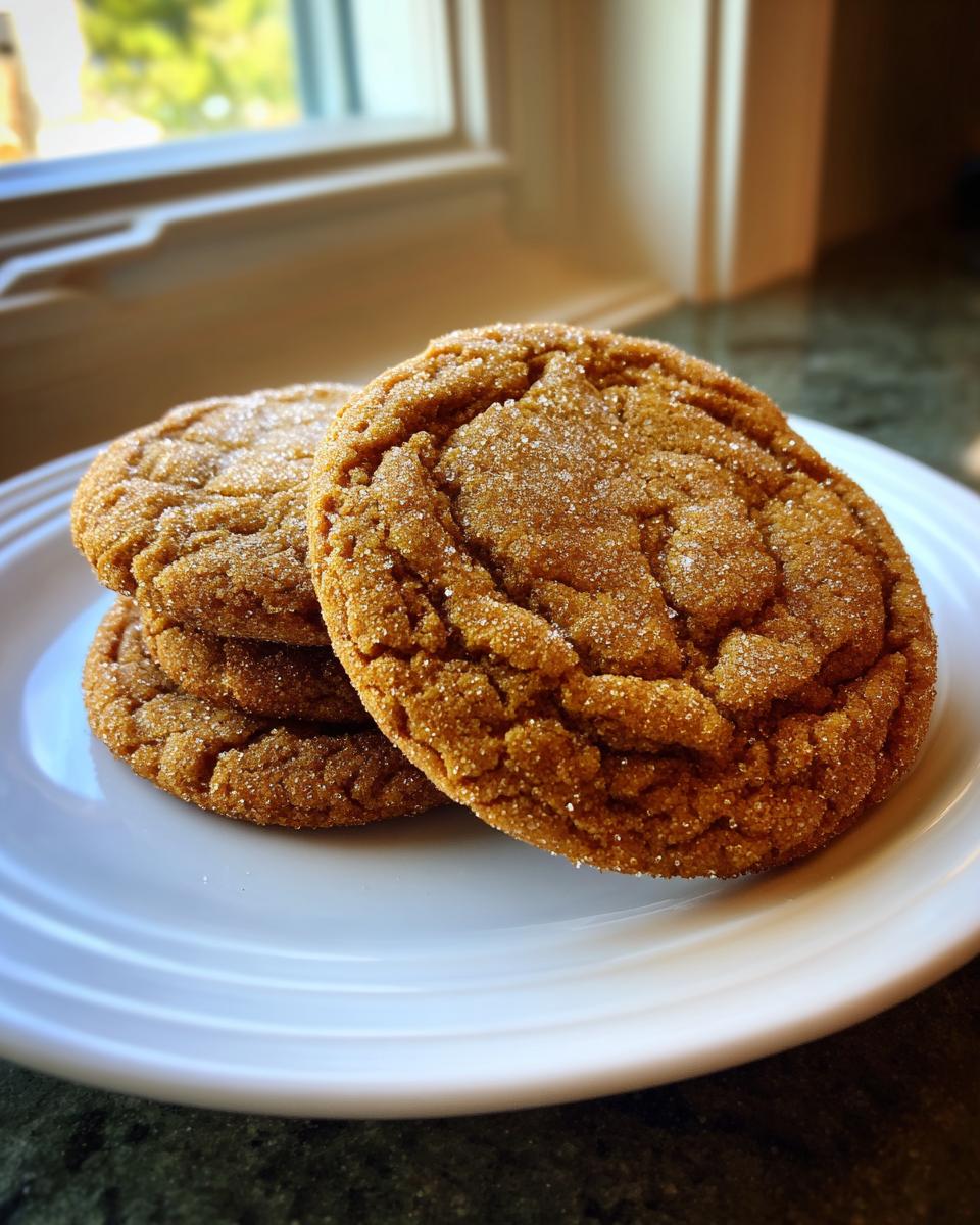 A stack of three rich, brown butter sugar cookies rolled in sparkling sugar, resting on a white plate.