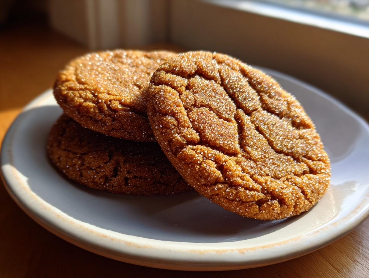 Three rich brown butter sugar cookies stacked slightly on a light plate, featuring crackled tops coated in sparkling sugar.