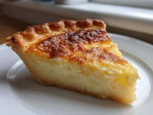 A close-up of a perfect slice of buttermilk pie showing the creamy filling and browned top crust.