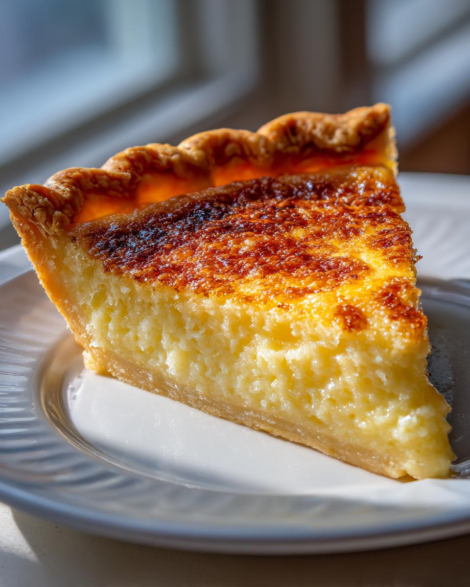 A close-up slice of buttermilk pie showing the creamy yellow filling and a beautifully browned top crust.