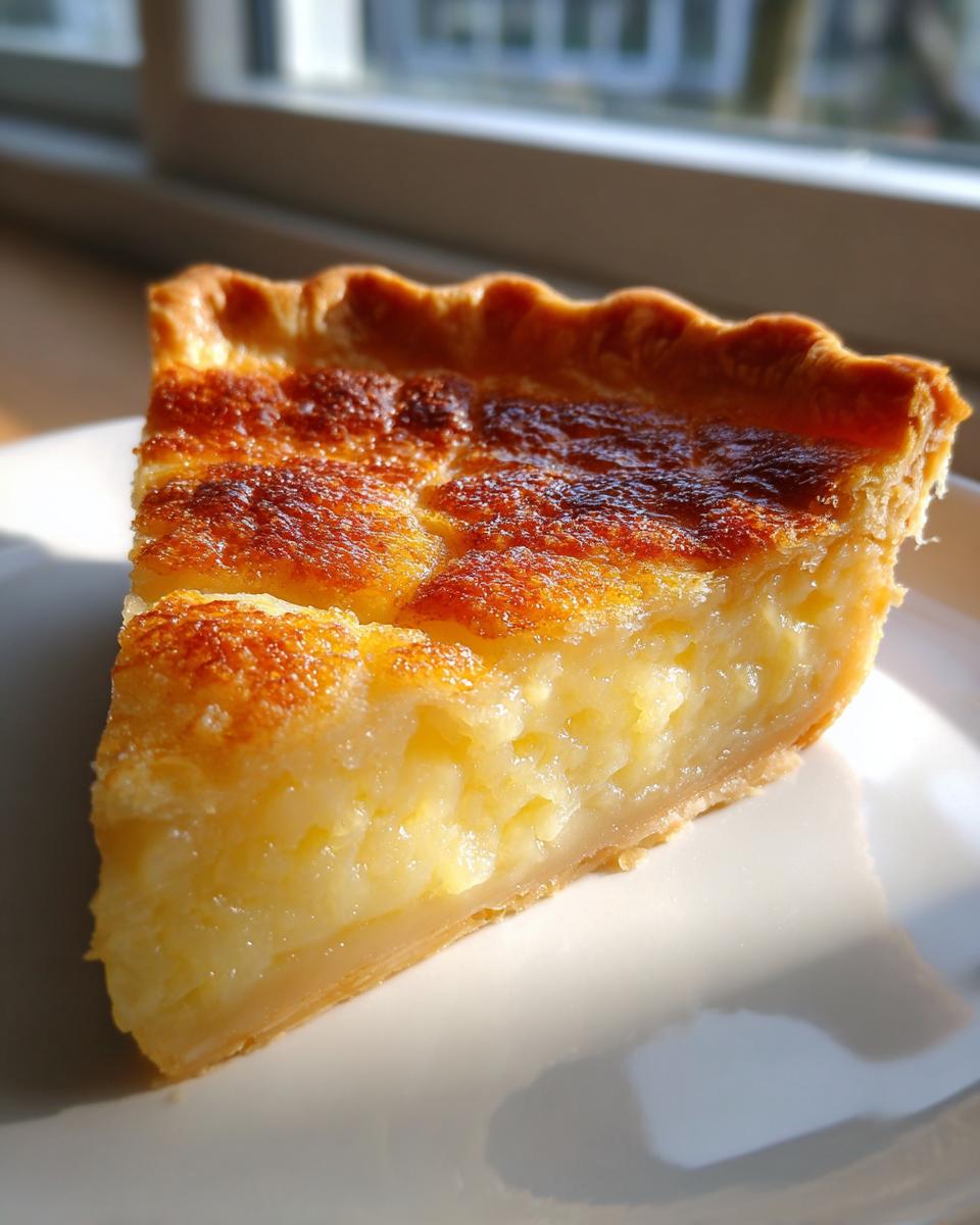 A close-up shot of a perfectly baked slice of buttermilk pie showing the creamy filling and browned top.