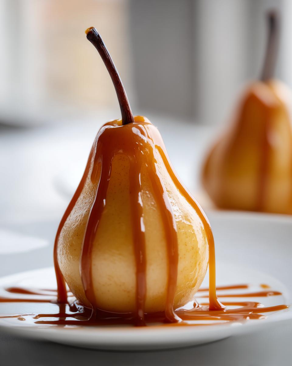 Close-up of a perfectly cooked poached pear drizzled generously with rich caramel sauce on a white plate.
