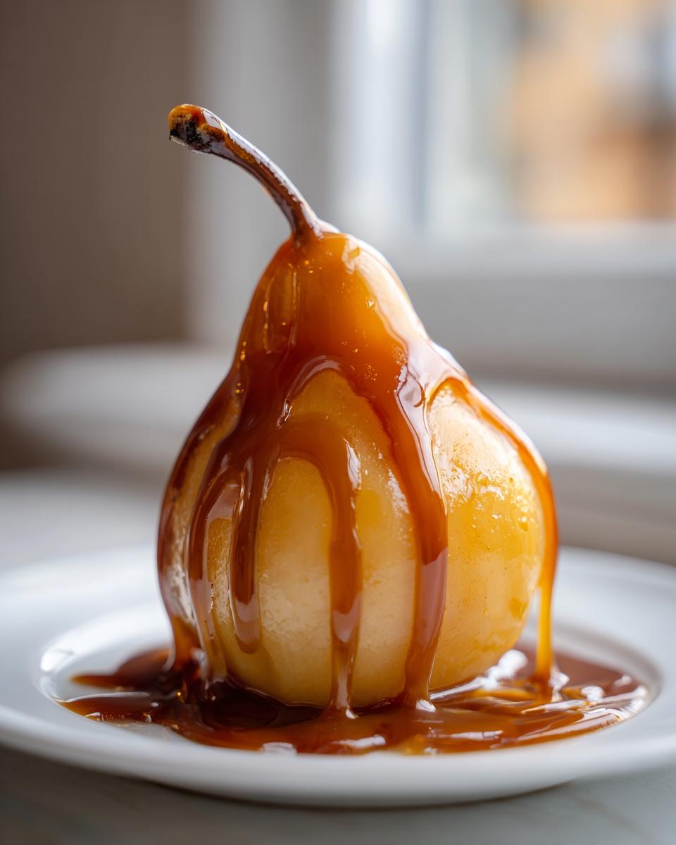 A single, beautifully cooked poached pear drizzled generously with thick caramel sauce, sitting on a white plate.