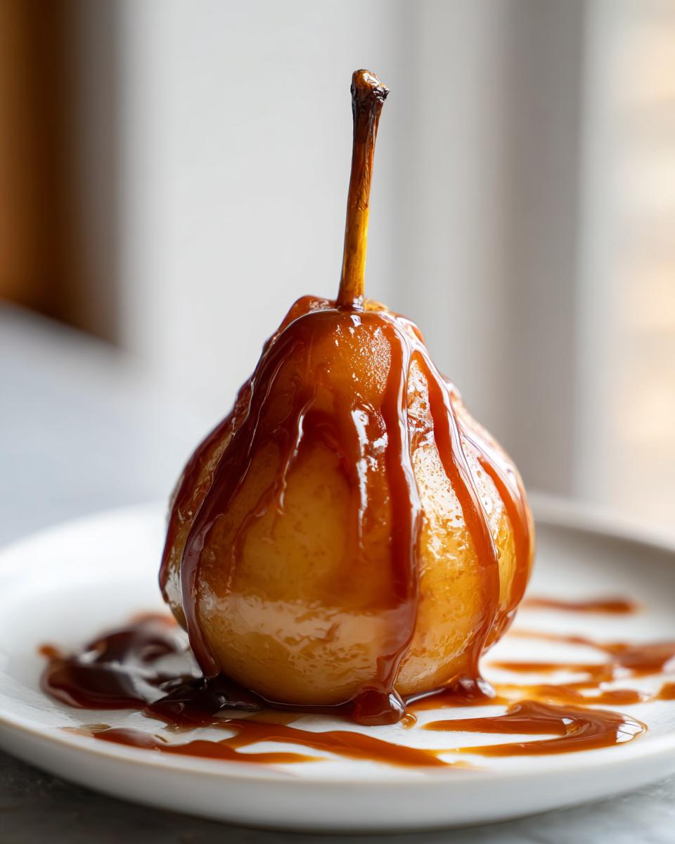 A single, perfectly cooked poached pear drizzled generously with rich caramel sauce, served on a white plate.