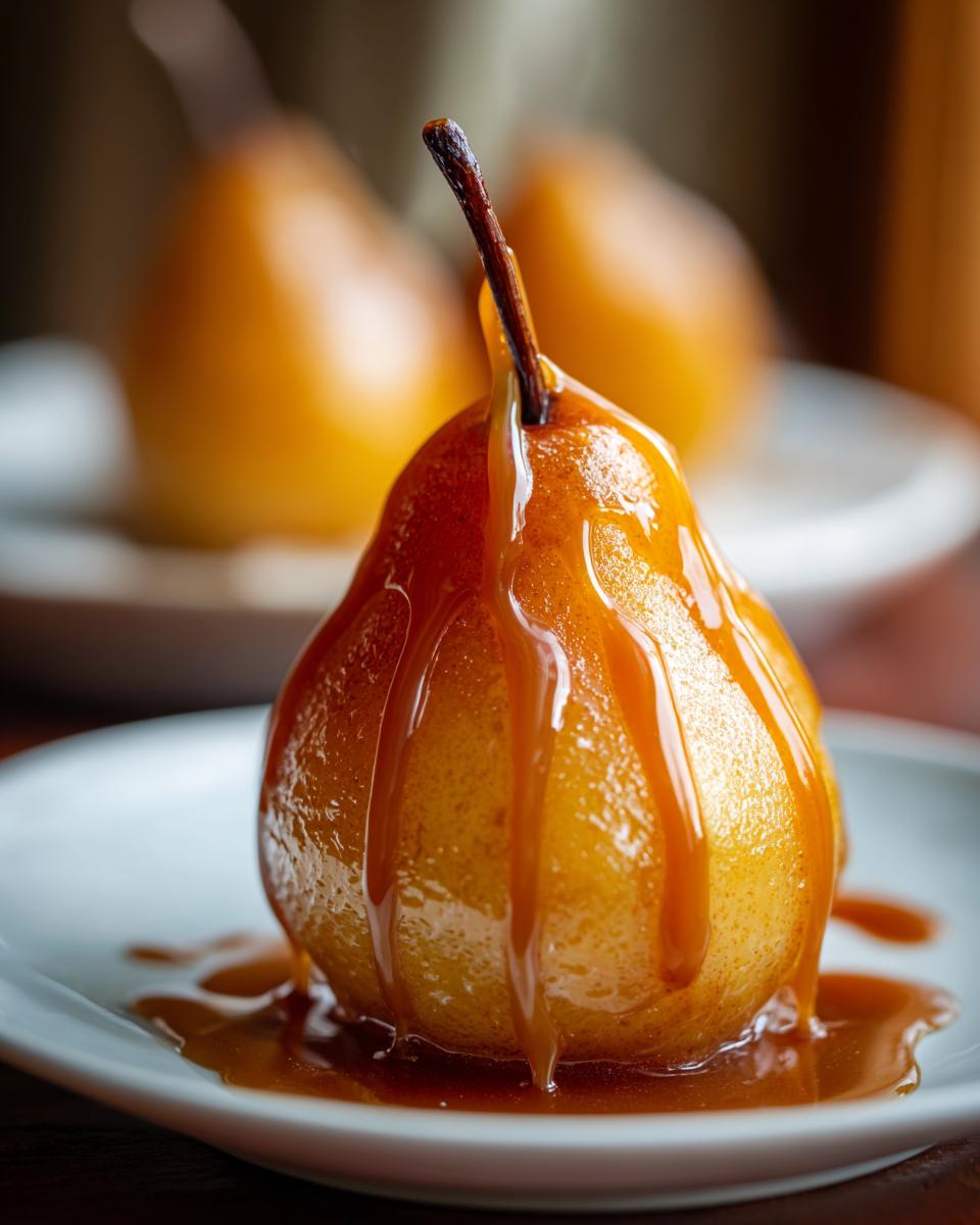 A close-up of a single poached pear covered in rich caramel sauce, served on a white plate.