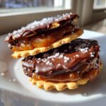Two stacked caramel ritz cracker christmas cookies, dipped in chocolate and sprinkled with sea salt.
