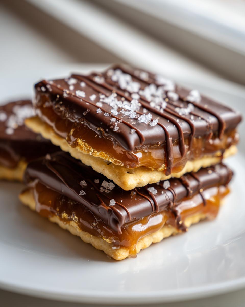 Close-up of stacked caramel ritz cracker christmas cookies topped with melted chocolate drizzle and flaky sea salt.