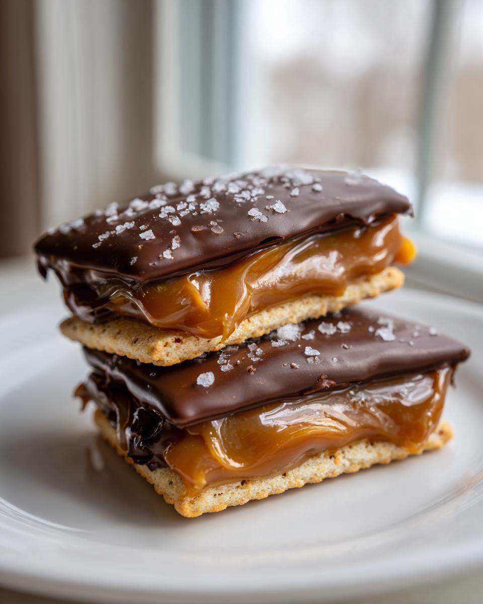 Two stacked caramel ritz cracker christmas cookies filled with gooey caramel and topped with chocolate and flaky sea salt.