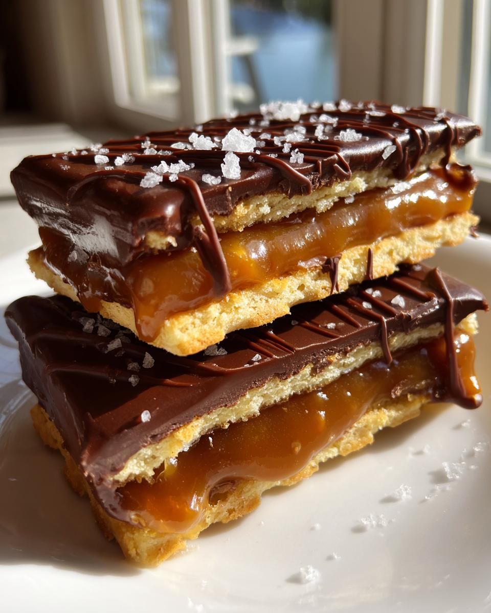 Two stacked caramel ritz cracker christmas cookies topped with dark chocolate drizzle and flaky sea salt.