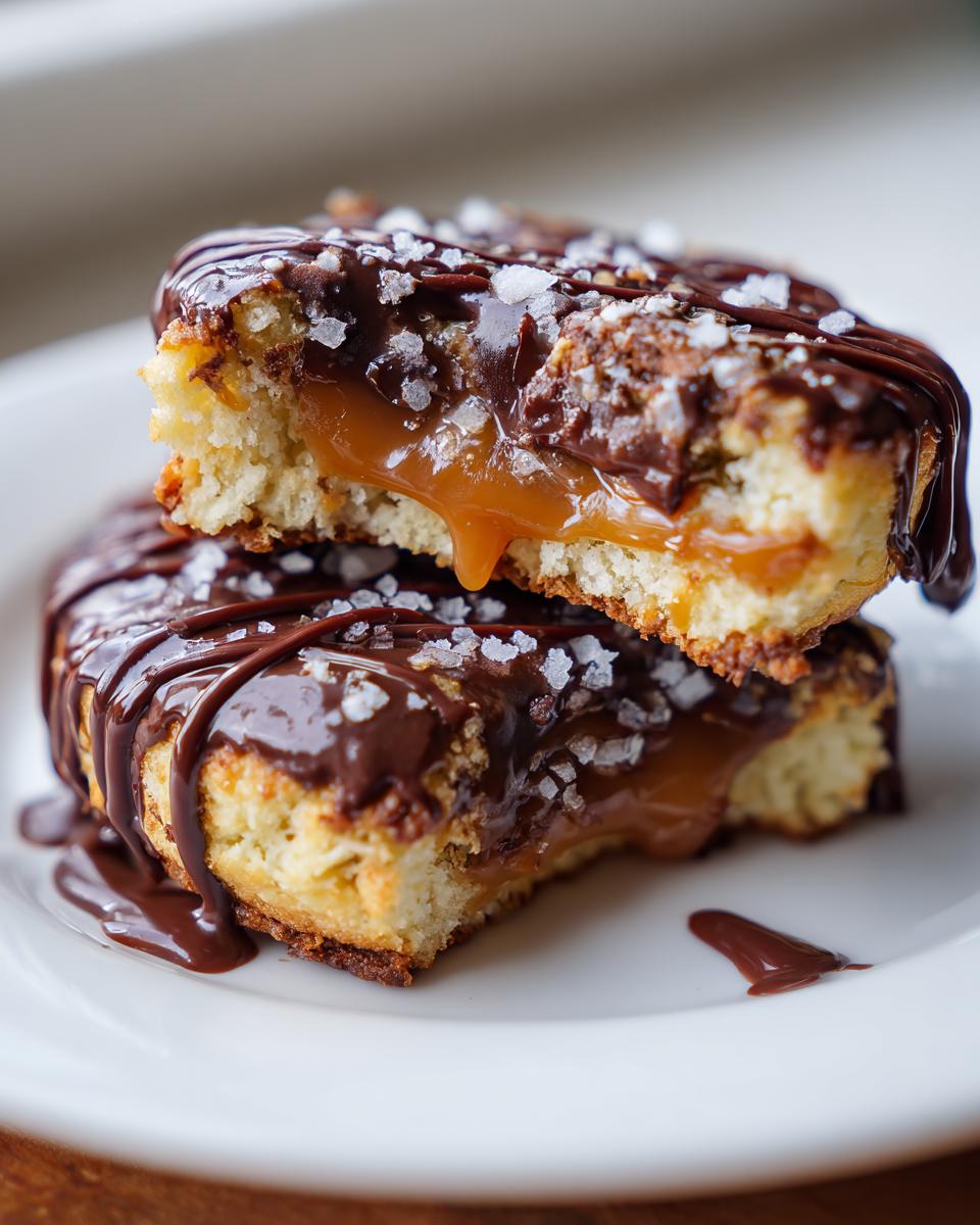 Two halves of a caramel ritz cracker christmas cookies stacked, showing gooey caramel filling, chocolate drizzle, and sea salt.